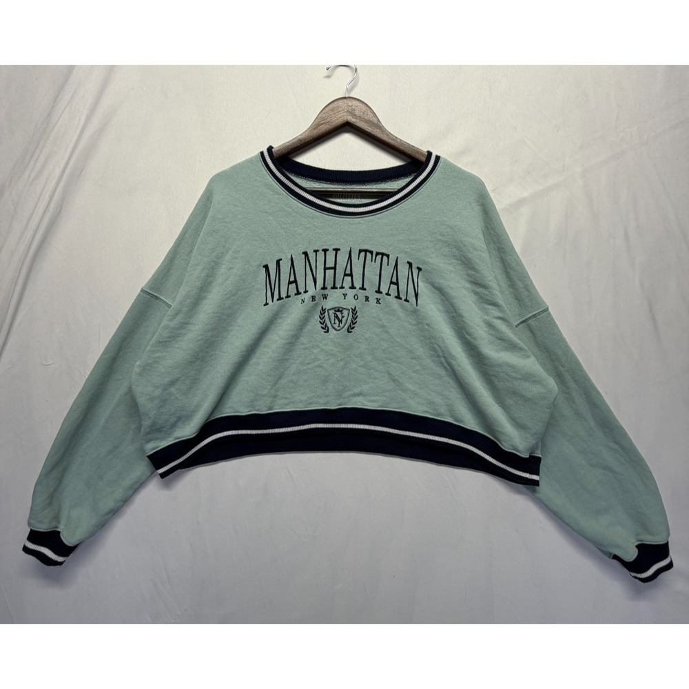 Hollister Manhattan New York Crop Sweatshirt Womens XL Mint Green Fleece Lined